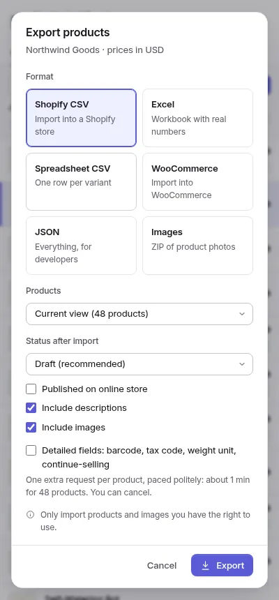 Export dialog with Shopify CSV, Excel, Spreadsheet CSV, WooCommerce, JSON and Images formats